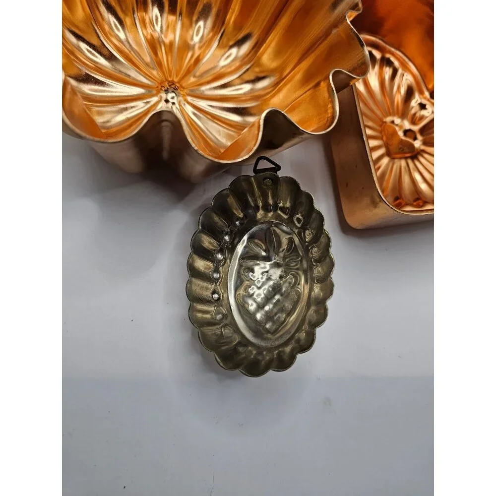 Vintage Copper Molds Set Of 3 With Floral Heart & Grape Designs For Kitchen Deco